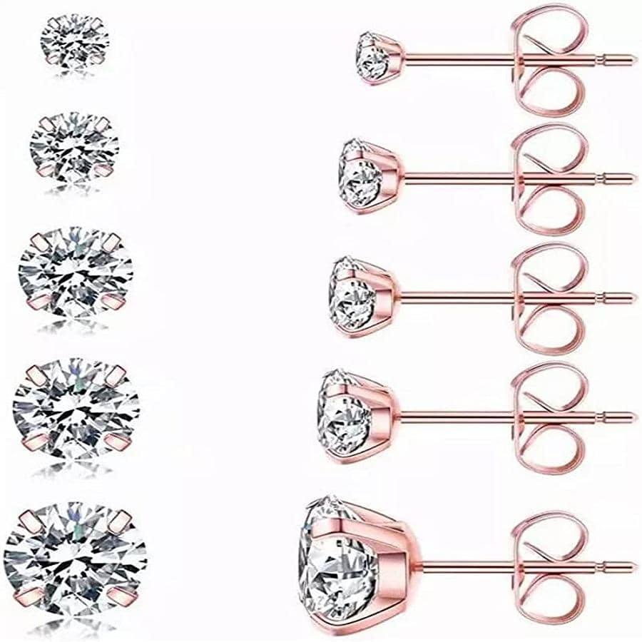 5對時尚不銹鋼方晶鋯石耳釘適合女士日常裝飾 - 玫瑰金 - 查看 1