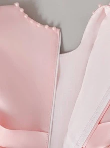 年輕女孩素色薄紗緞面蓬鬆洋裝，珍珠裝飾領口，優雅禮服，適合畢業典禮、學校表演 - 粉色 - 查看 7