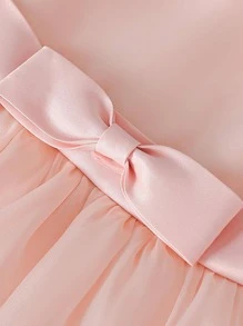 年輕女孩素色薄紗緞面蓬鬆洋裝，珍珠裝飾領口，優雅禮服，適合畢業典禮、學校表演 - 粉色 - 查看 5