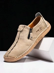 復古手工樂福鞋適用於男士字母圖案拉鏈裝飾一腳蹬樂福鞋 - 卡其色 - 查看 1