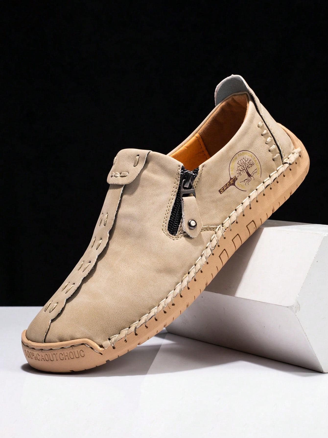 復古手工樂福鞋適用於男士字母圖案拉鏈裝飾一腳蹬樂福鞋 - 卡其色 - 查看 1