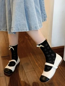 1雙女性愛心圖案蝴蝶結裝飾休閒中筒襪適用於日常生活 - 黑與白 - 查看 2