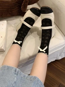 1雙女性愛心圖案蝴蝶結裝飾休閒中筒襪適用於日常生活 - 黑與白 - 查看 3