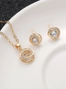 3 Cái/bộ Đồng Thời Trang Đính Đá Cubic Zirconia Trang Trí Hình Tròn Mặt Dây Chuyền & Bông Tai Giọt Dành Cho Nữ Cho Quà Tặng Đính Hôn - Vàng - Xem 5