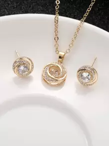 3 Cái/bộ Đồng Thời Trang Đính Đá Cubic Zirconia Trang Trí Hình Tròn Mặt Dây Chuyền & Bông Tai Giọt Dành Cho Nữ Cho Quà Tặng Đính Hôn - Vàng - Xem 4