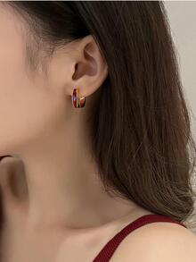 時尚雙色方形圓耳環適合女士日常裝飾 - 酒紅色 - 查看 2