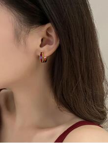 時尚雙色方形圓耳環適合女士日常裝飾 - 酒紅色 - 查看 7