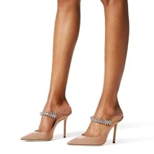 Women Heeled Mules Rhinestone Strappy Pointed Toe Mules - Màu be - Xem 3