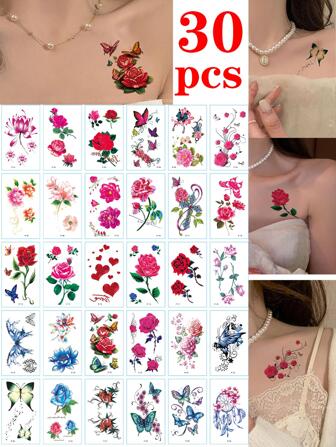 30Pcs/Set English Letter Colorful Flower Butterfly Heart Pattern Temporary Tattoo Stickers, Festival/Y2k Themed Makeup & Party Decoration