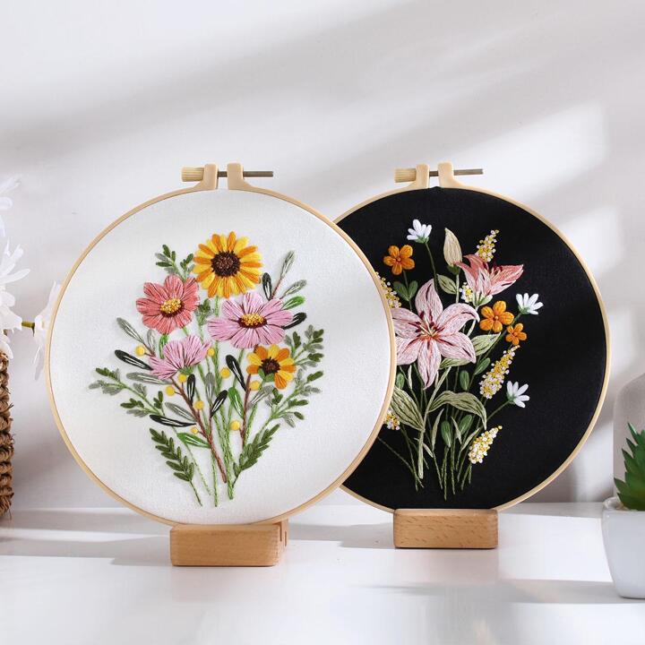 ojindiy 個の花柄手刺繍キット、モダンなポリエステル手刺繍