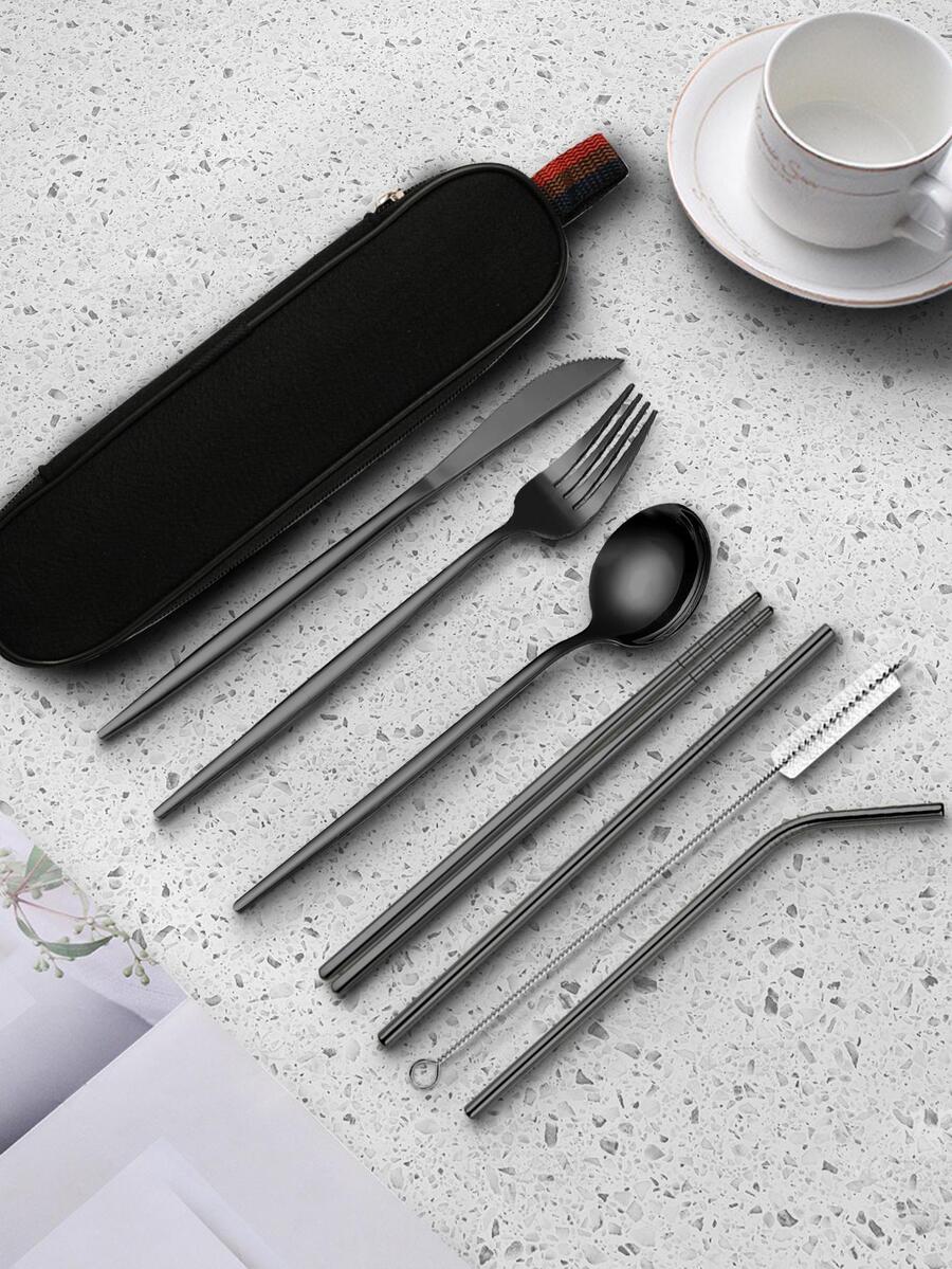 8 piezas de acero inoxidable Cuchillería moderno portátil Set de vajilla para casa - Negro - Ver 1