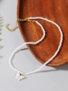 1條夏季多彩波西米亞風格種子珠女士字母happy花朵聚合物粘土珠鏈蘑菇蝴蝶吊墜珠鏈禮物 - 白色蝴蝶 - 查看 5