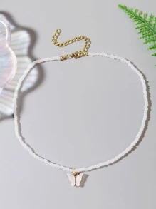 1條夏季多彩波西米亞風格種子珠女士字母happy花朵聚合物粘土珠鏈蘑菇蝴蝶吊墜珠鏈禮物 - 白色蝴蝶 - 查看 2