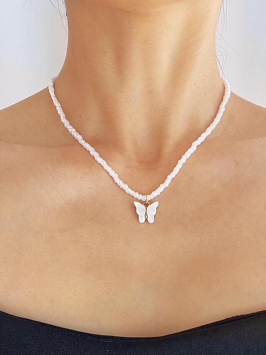 1條夏季多彩波西米亞風格種子珠女士字母happy花朵聚合物粘土珠鏈蘑菇蝴蝶吊墜珠鏈禮物 - 白色蝴蝶 - 查看 1