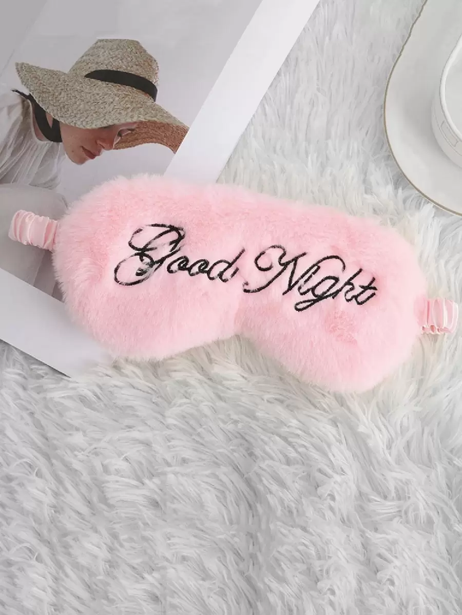 1pc Cute Slogan Embroidered Plush Eye Mask, Soft Sleep Eye Shade Travel Accessory, Suitable For Home And TravelFor Bedroom,Travel,Office,School - Baby Pink - View 1