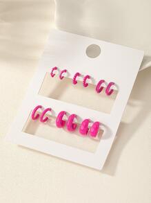 6 雙幾何創意時尚極簡主義日常精緻釘式耳環，適合女性日常佩戴 - 玫紅色 - 查看 1