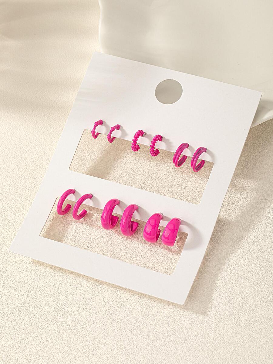 6 雙幾何創意時尚極簡主義日常精緻釘式耳環，適合女性日常佩戴 - 玫紅色 - 查看 1