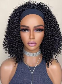 頭帶假髮合成纖維耐熱假髮捲髮黑色12英寸充分機器製造適合女士 - 黑色 - 查看 1