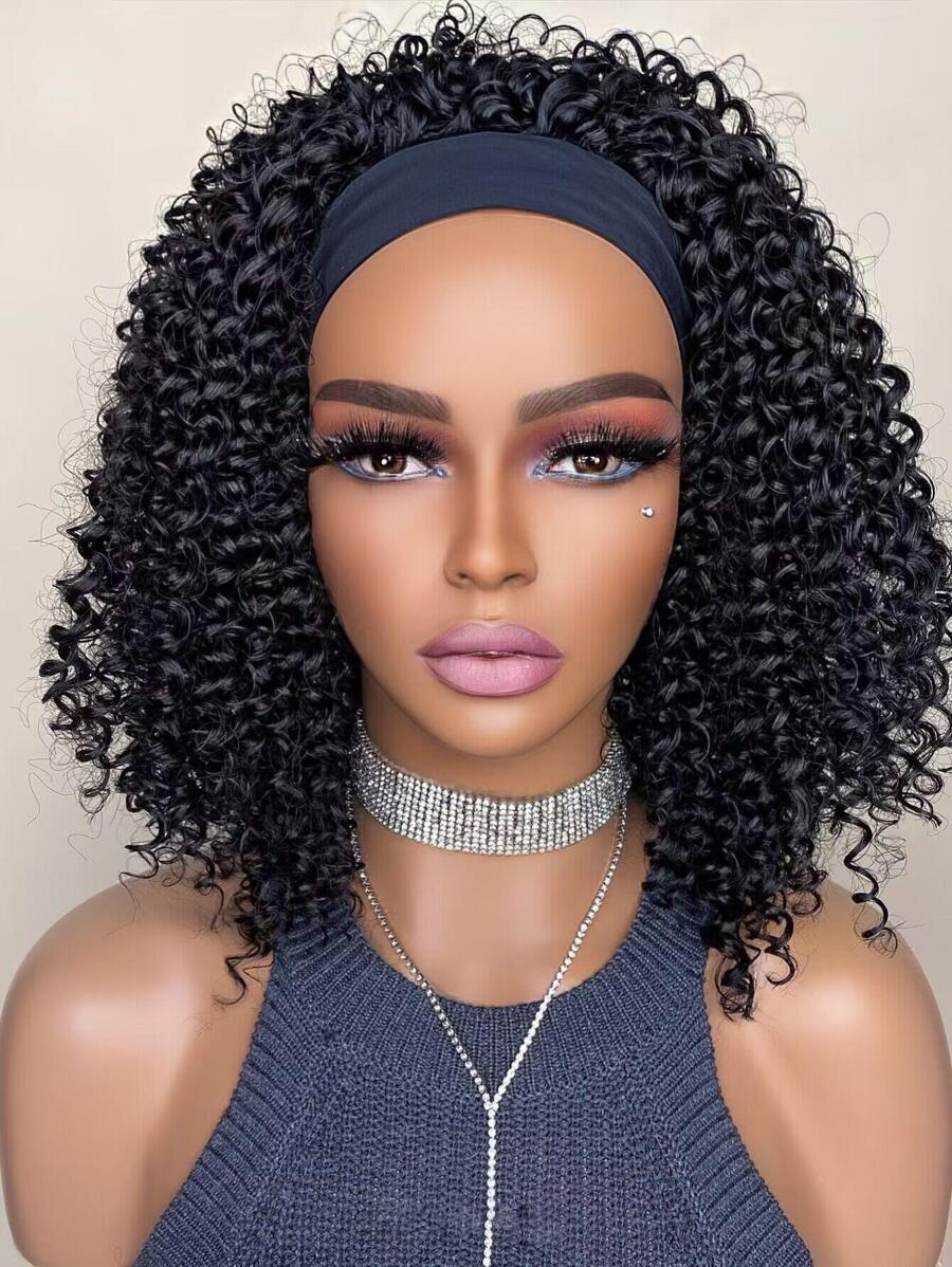 頭帶假髮合成纖維耐熱假髮捲髮黑色12英寸充分機器製造適合女士 - 黑色 - 查看 1