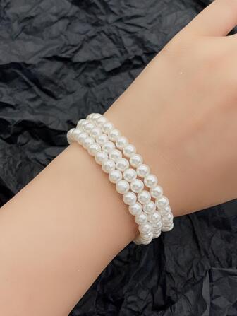 3pcs Women Versatile Faux Pearl Beaded Bracelets, Elastic Beaded Classic Fashion