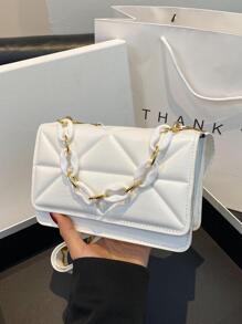 1 chiếc Túi đeo chéo hình vuông thiết kế kẻ sọc Chất liệu Pu Khóa đôi Túi đeo chéo vuông thời trang dành cho nữ, Thích hợp để sử dụng thông thường hàng ngày, Hẹn hò, Quà tặng, Thu/Đông - trắng - Xem 1