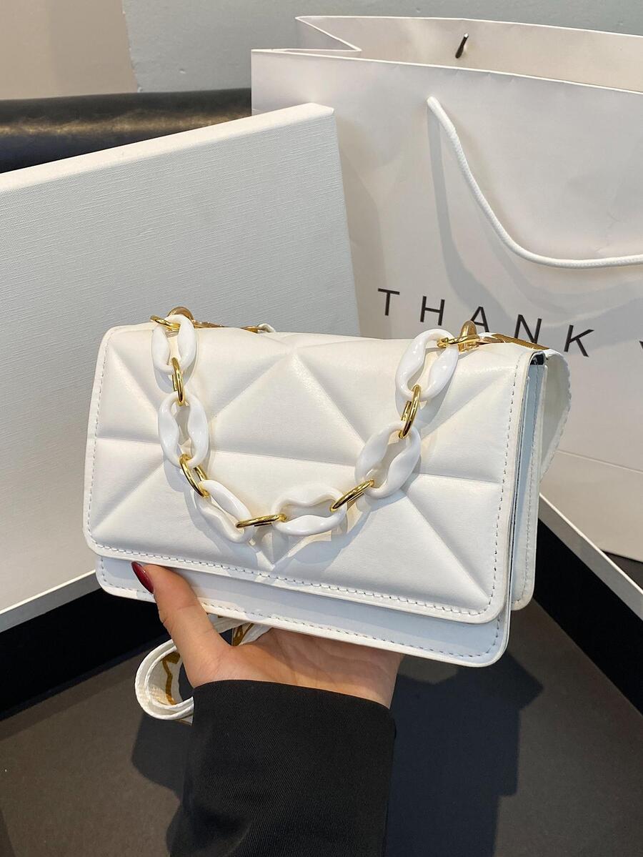 1 chiếc Túi đeo chéo hình vuông thiết kế kẻ sọc Chất liệu Pu Khóa đôi Túi đeo chéo vuông thời trang dành cho nữ, Thích hợp để sử dụng thông thường hàng ngày, Hẹn hò, Quà tặng, Thu/Đông - trắng - Xem 1