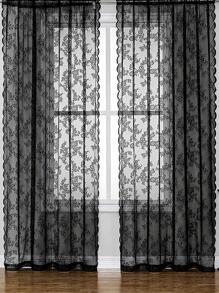 花卉刺繡扇貝裝飾單面板透明窗簾現代滌綸濾光隱私透明窗簾適用於客廳和臥室 - 黑色 - 查看 1