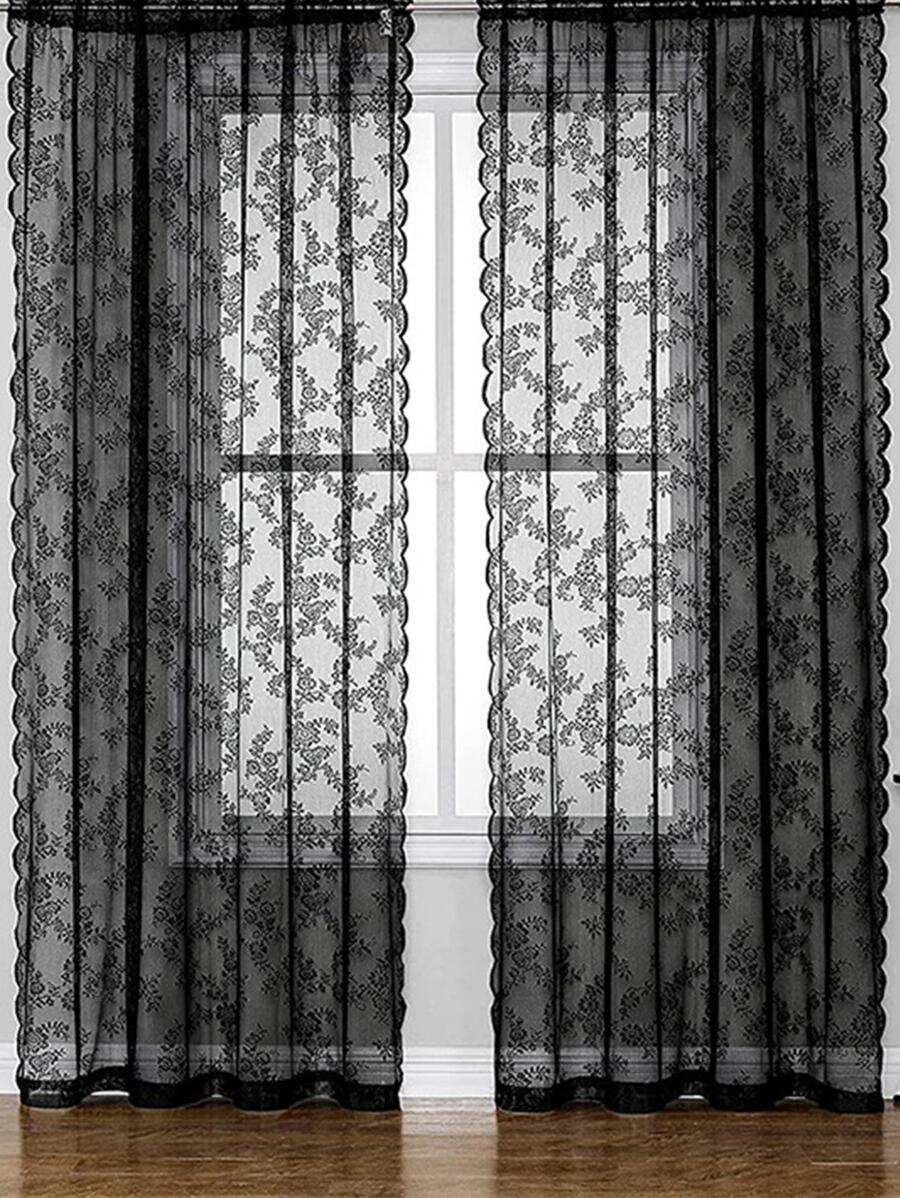 花卉刺繡扇貝裝飾單面板透明窗簾現代滌綸濾光隱私透明窗簾適用於客廳和臥室 - 黑色 - 查看 1