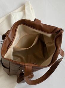 棕色大容量通勤百搭女士托特包簡約風手提包 - 棕色 - 查看 3