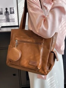 棕色大容量通勤百搭女士托特包簡約風手提包 - 棕色 - 查看 4