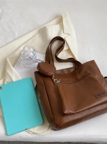 棕色大容量通勤百搭女士托特包簡約風手提包 - 棕色 - 查看 2