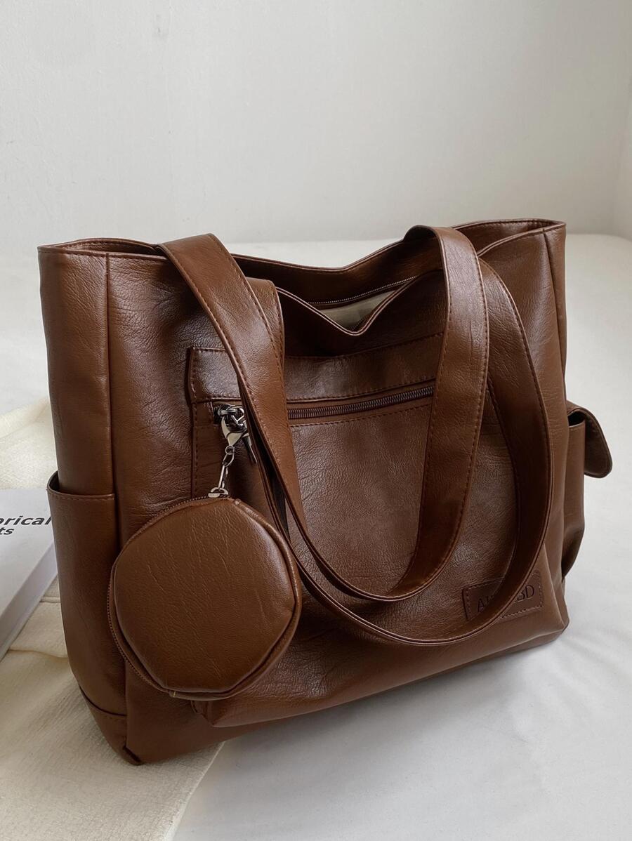 棕色大容量通勤百搭女士托特包簡約風手提包 - 棕色 - 查看 1