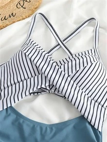 Striped Print Cut Out Criss Cross Ruched Side Onepiece Swimsuit Summer