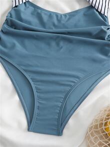 Striped Print Cut Out Criss Cross Ruched Side Onepiece Swimsuit Summer