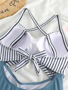 Striped Print Cut Out Criss Cross Ruched Side Onepiece Swimsuit Summer