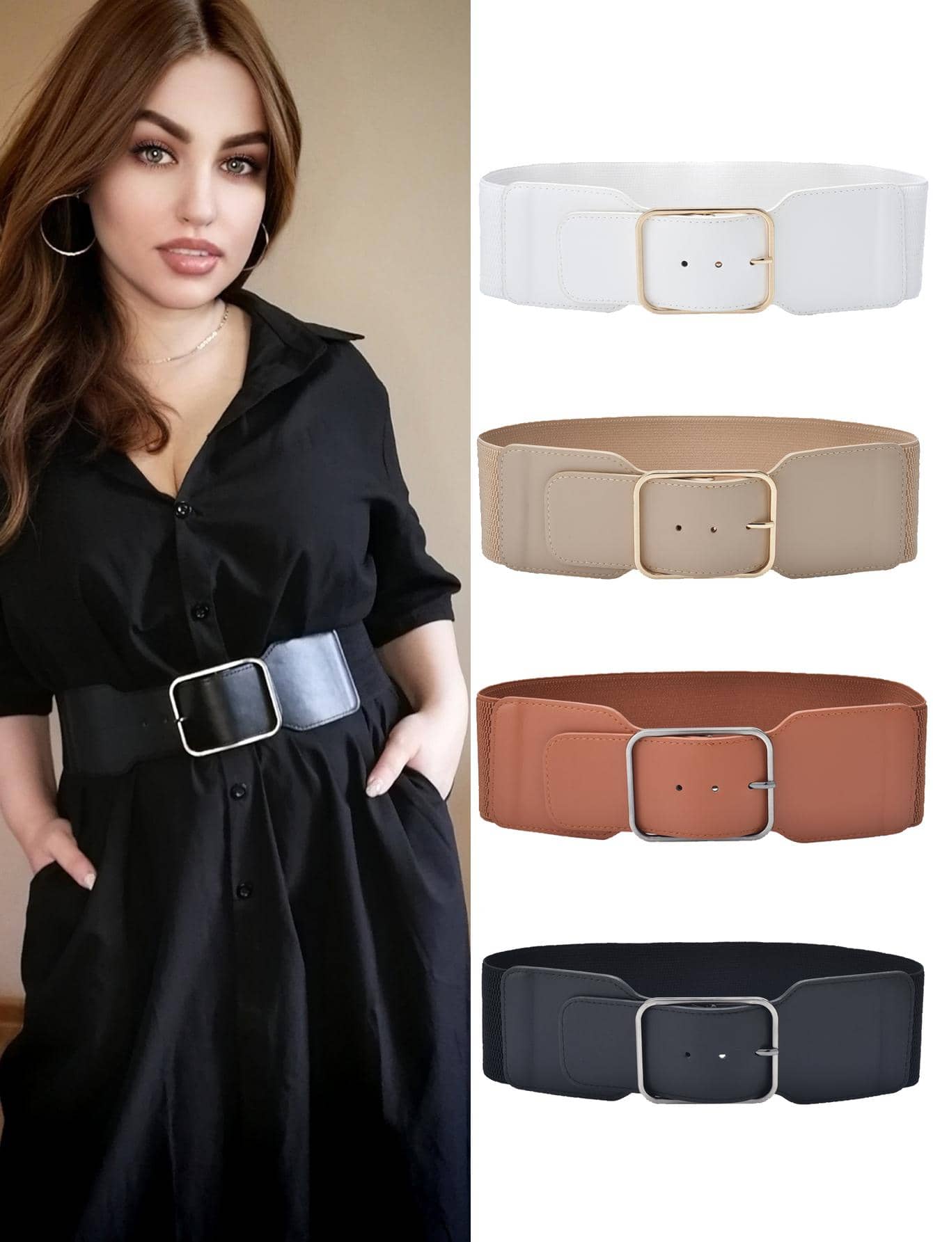 Street 1pc Solid Square Buckle Elastic Belt Halloween - Brown - View 1