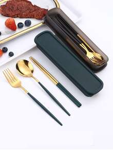 3 piezas/set de acero inoxidable Cuchillería moderno portátil Set de vajilla para cocina - Negro - Ver 4