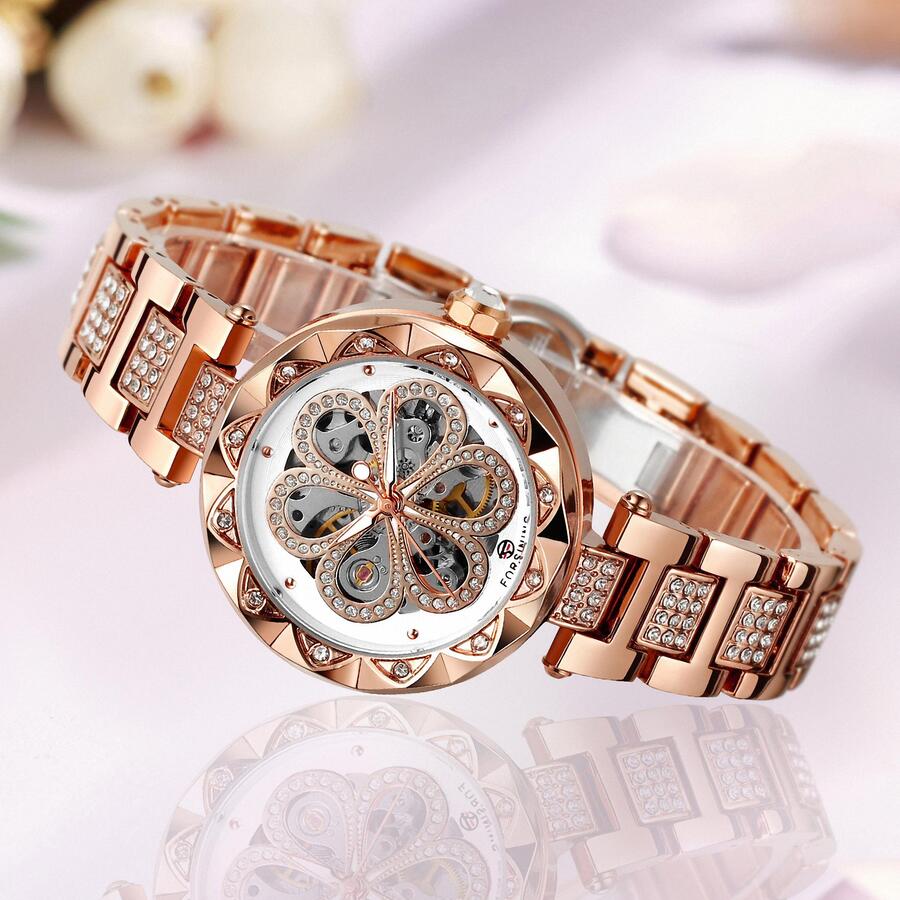 FORSINING 1pc Women Fashion Rose Gold Transparent Skeleton Luxury Flower Rhinestone Dial Top Brand Stainless Steel Strap Elegant Automatic Mechanical Watch Business Casual Ladies Watches Gift - Rose Gold - View 1