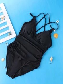褶邊收復交叉露背連體泳衣 - 黑色 - 查看 6
