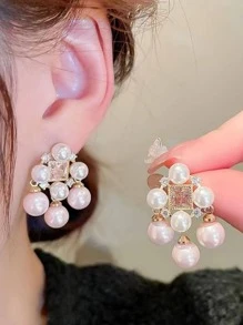 1 Par de Pendientes Vintage de Estilo Palaciego Cuadrados con Perla Hueca de Circonita y Rhinestone, Elegantes y Únicos