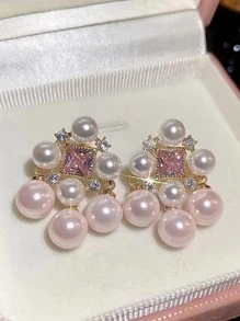 1 Par de Pendientes Vintage de Estilo Palaciego Cuadrados con Perla Hueca de Circonita y Rhinestone, Elegantes y Únicos