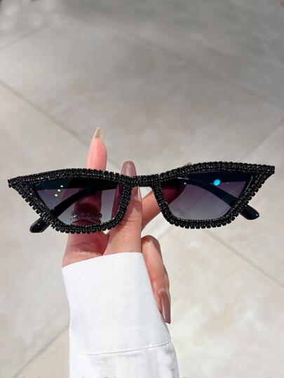 1pc Ladies' Cat Eye Shaped Fashion Glasses, Small Frame, Sexy, Rhinestone Decor, Minimalist Design, Decorative Glasses For Summer Beach Vacation,Outdoor,Travel Preppy Style For Back To School