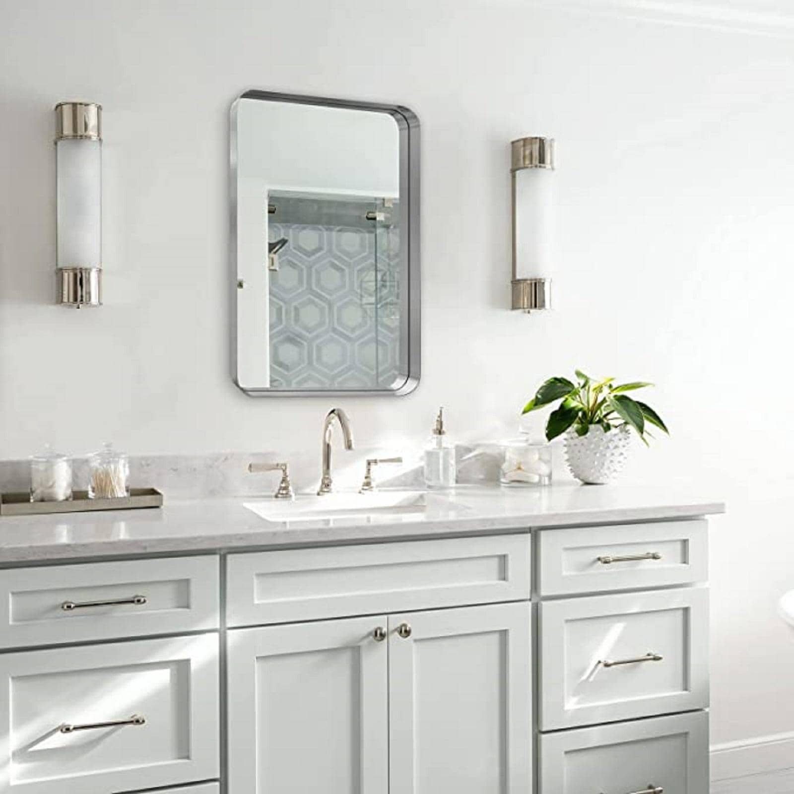 ANDY STAR Bathroom Mirror for Wall, Metal Rounded Corner Rectangle Mirror, Wall Mirror in Stainless Steel Metal Frame, 2" Deep Set Design Hangs Horizontal Or Vertical - Brushed Nickle - View 1