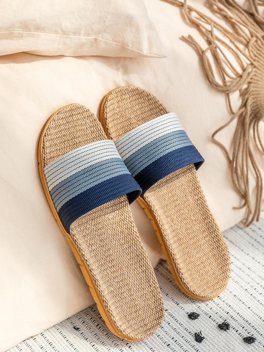 1雙亞麻情侶拖鞋，室內防滑透氣軟底輕質四季拖鞋，適合家庭和辦公室 - 藍色 - 查看 1