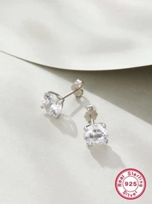 1雙S925純銀四爪子圓形方晶鋯石耳釘適合女士高端時尚派對耳環帶獨特設計 - 銀色 - 查看 2