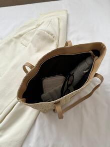 字母貼飾草編包雙把手拉鍊度假 - 卡其色 - 查看 8