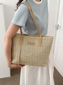 字母貼飾草編包雙把手拉鍊度假 - 卡其色 - 查看 5