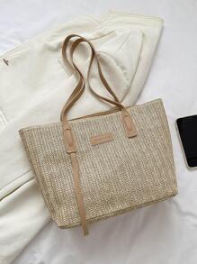 字母貼飾草編包雙把手拉鍊度假 - 卡其色 - 查看 7