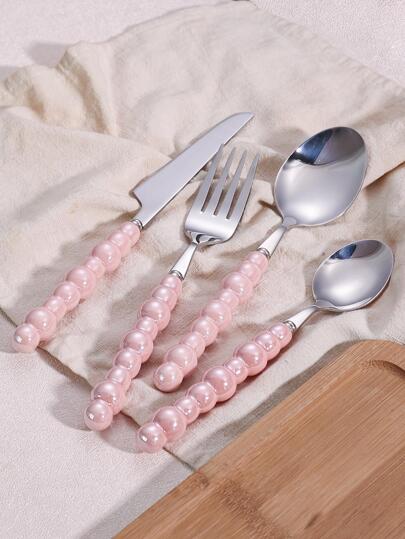 4pcs Stainless Steel Tableware Bead Decor Cutlery Set, Knife Fork Coffee Spoon Dinnerware Flatware Set ,Kitchen,Christmas Gift,School Supplies