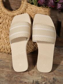 時尚度假風格編織草編鞋底拖鞋 - 米色 - 查看 1